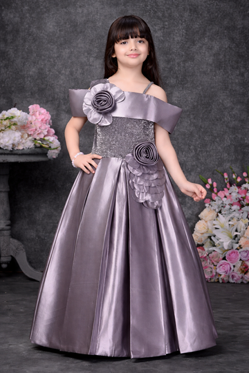 Royal Mist Off-Shoulder Satin Gown for Girls with Floral Appliqué-Festive dress for girls
