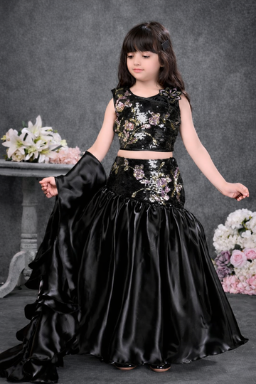 Midnight Glam Sequin Lehenga Set for Girls with Satin Skirt & Dupatta-Birthday dress for girls