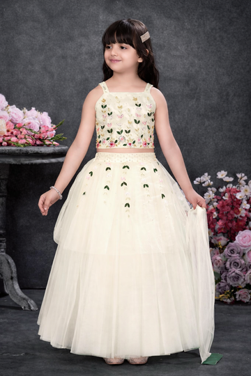 Pastel Garden Embroidered Lehenga Set for Girls with Tulle Skirt & Dupatta-Birthday dress for girls