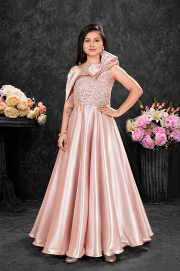 Elegant Rose Gold One-Shoulder Satin Evening Gown-Premium party gown for girls