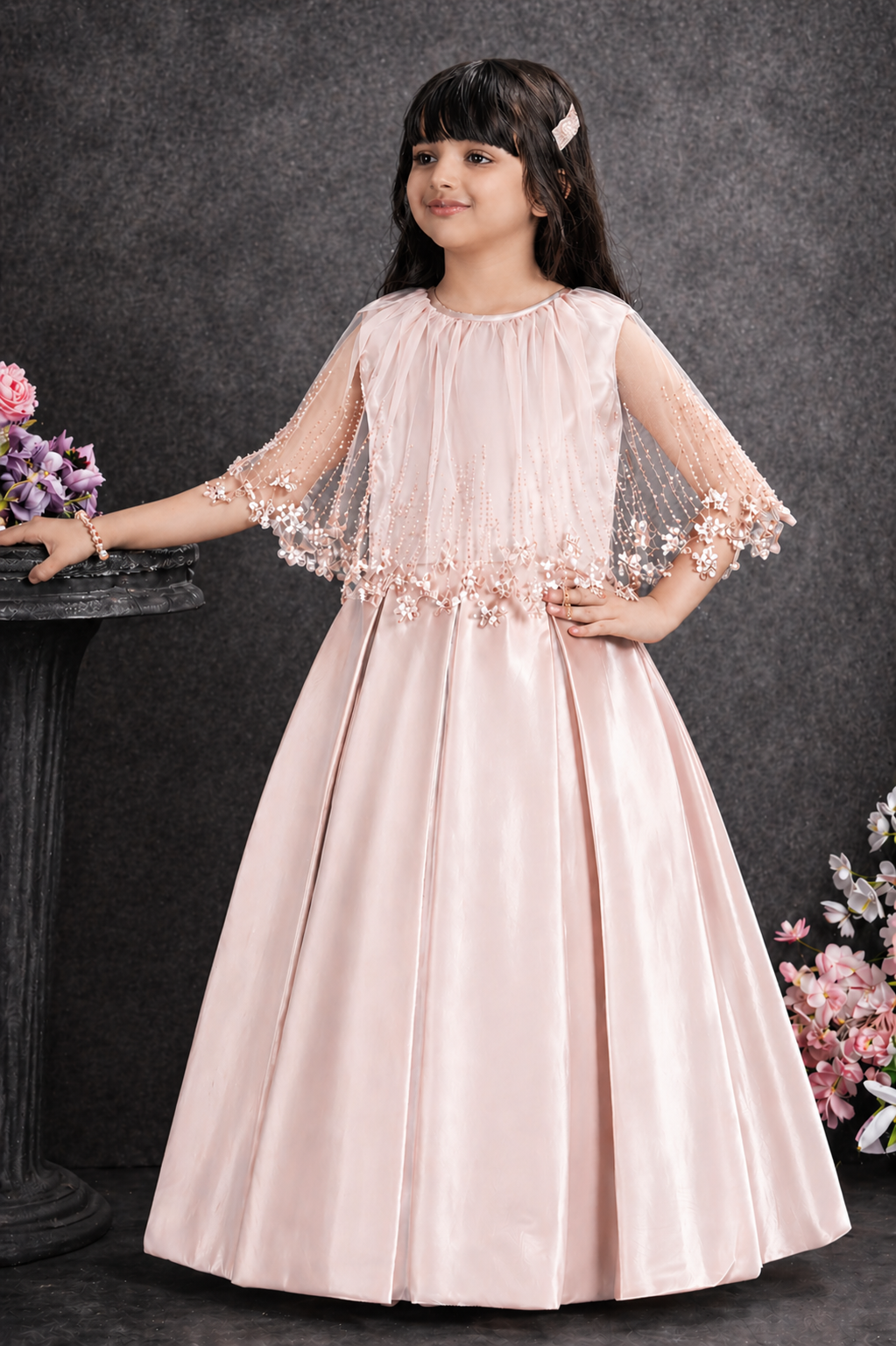 Elegant Blush Pink Cape Style Party Gown for Girls- for birthdays, par – Inayah Fashion