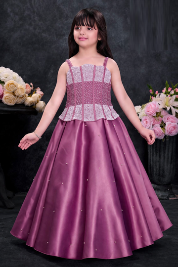 Elegant Onion Pink Satin Party Gown for Girls-Premium dress for kids