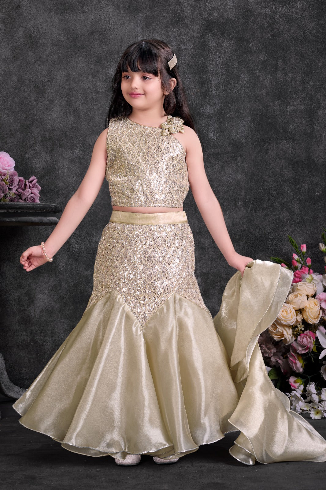 Luxury Gold Sequin Princess Lehenga Set for Girls-Premium dress for ki –  Inayah Fashion