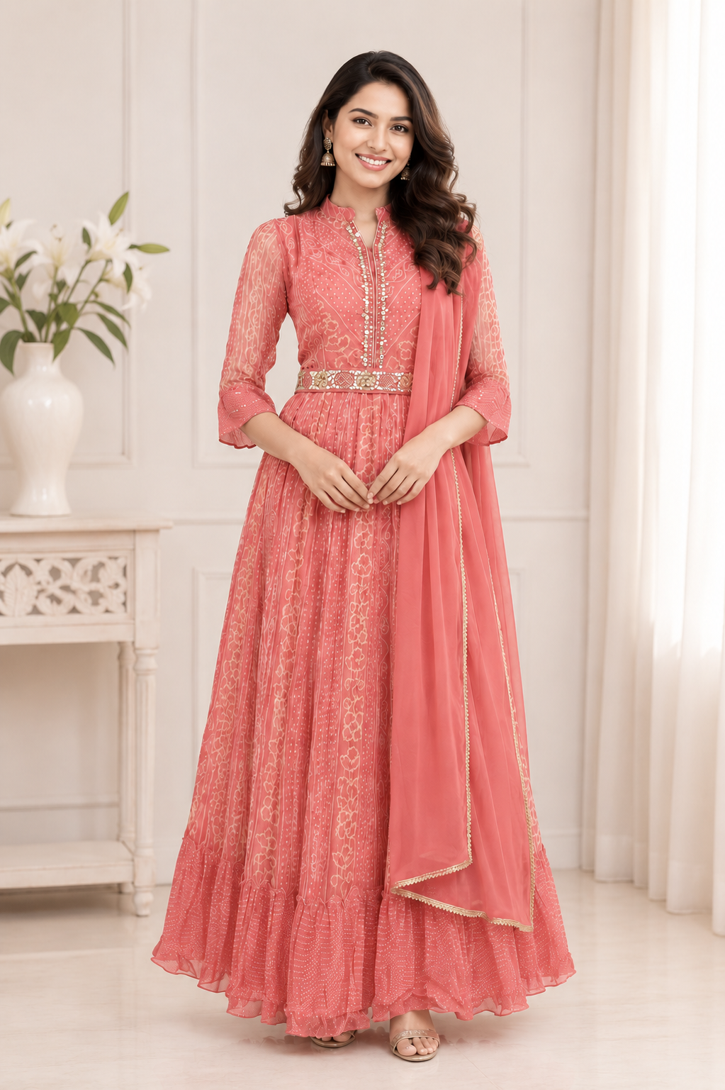 Orange Anarkali kurta set for women with dupatta, embroidery and mirror work