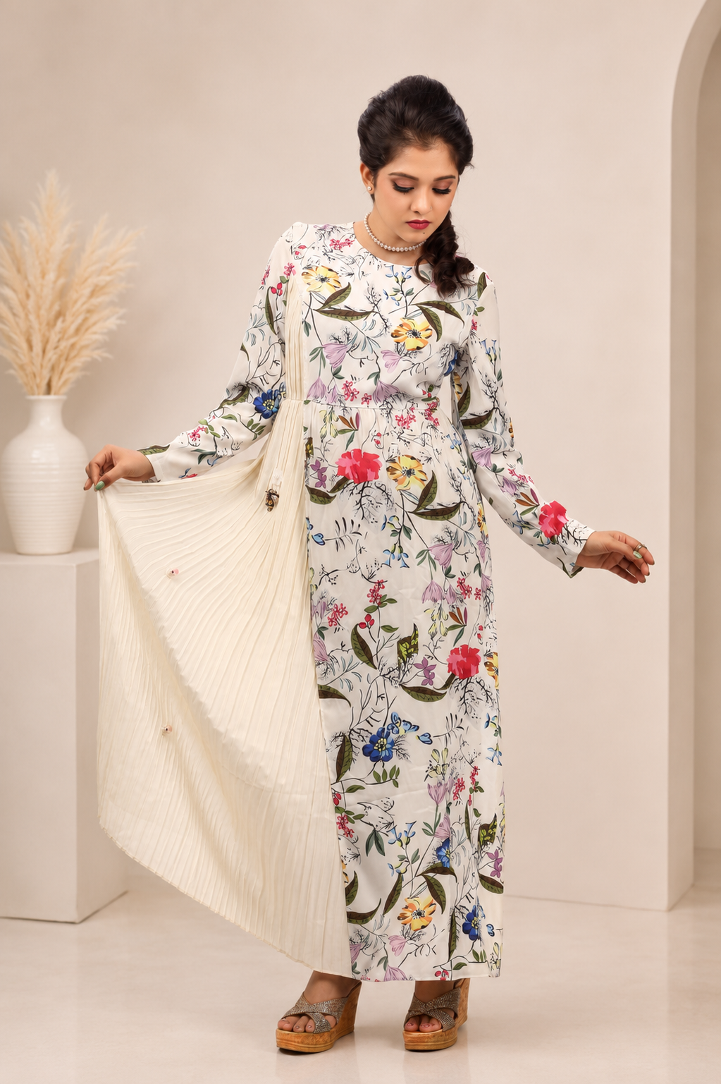 White maxi dress for women with multicolor botanical floral print