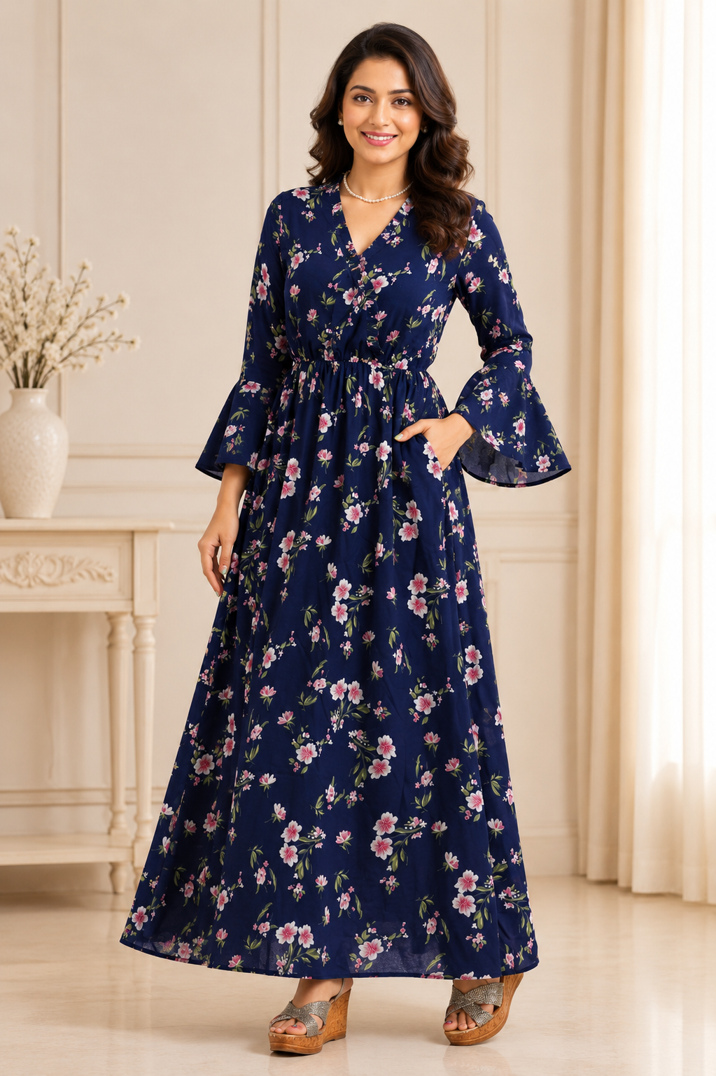 Navy blue A-line floral maxi dress for women with wrap neckline