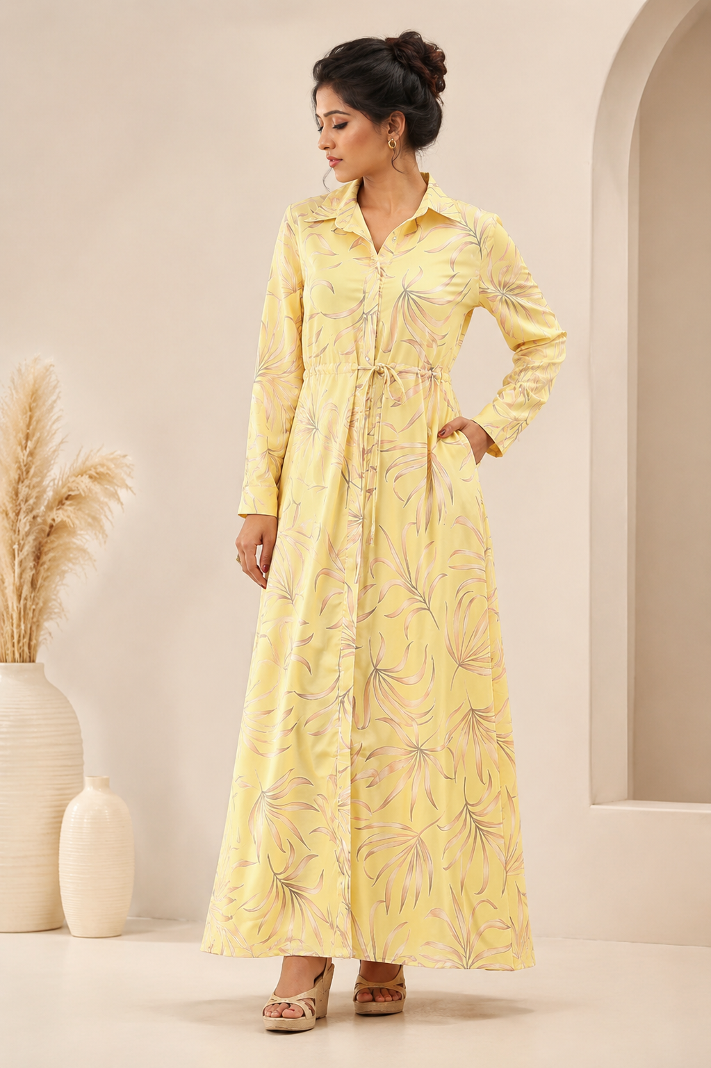 Yellow shirt-style maxi dress for women with leaf print and waist tie