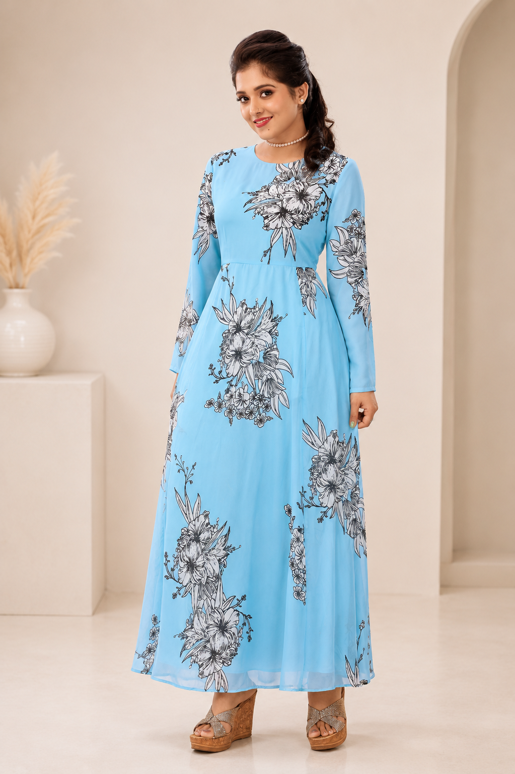 Sky blue A-line gown for women with black and white floral print