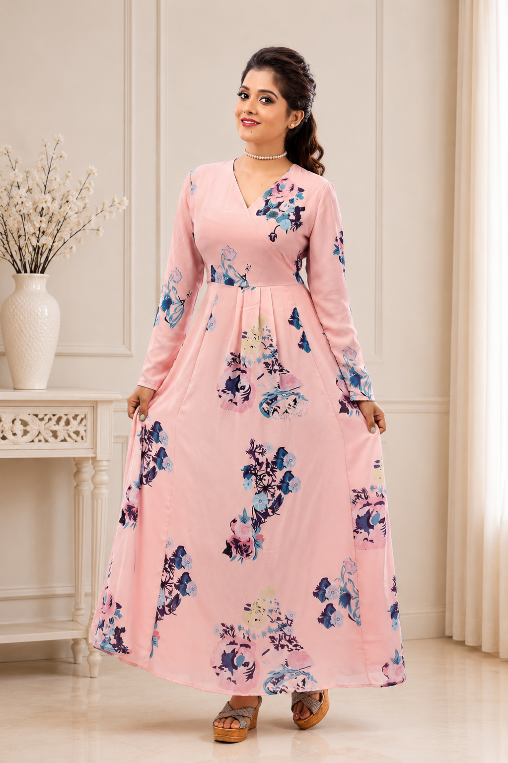 Blush pink floral maxi dress for women