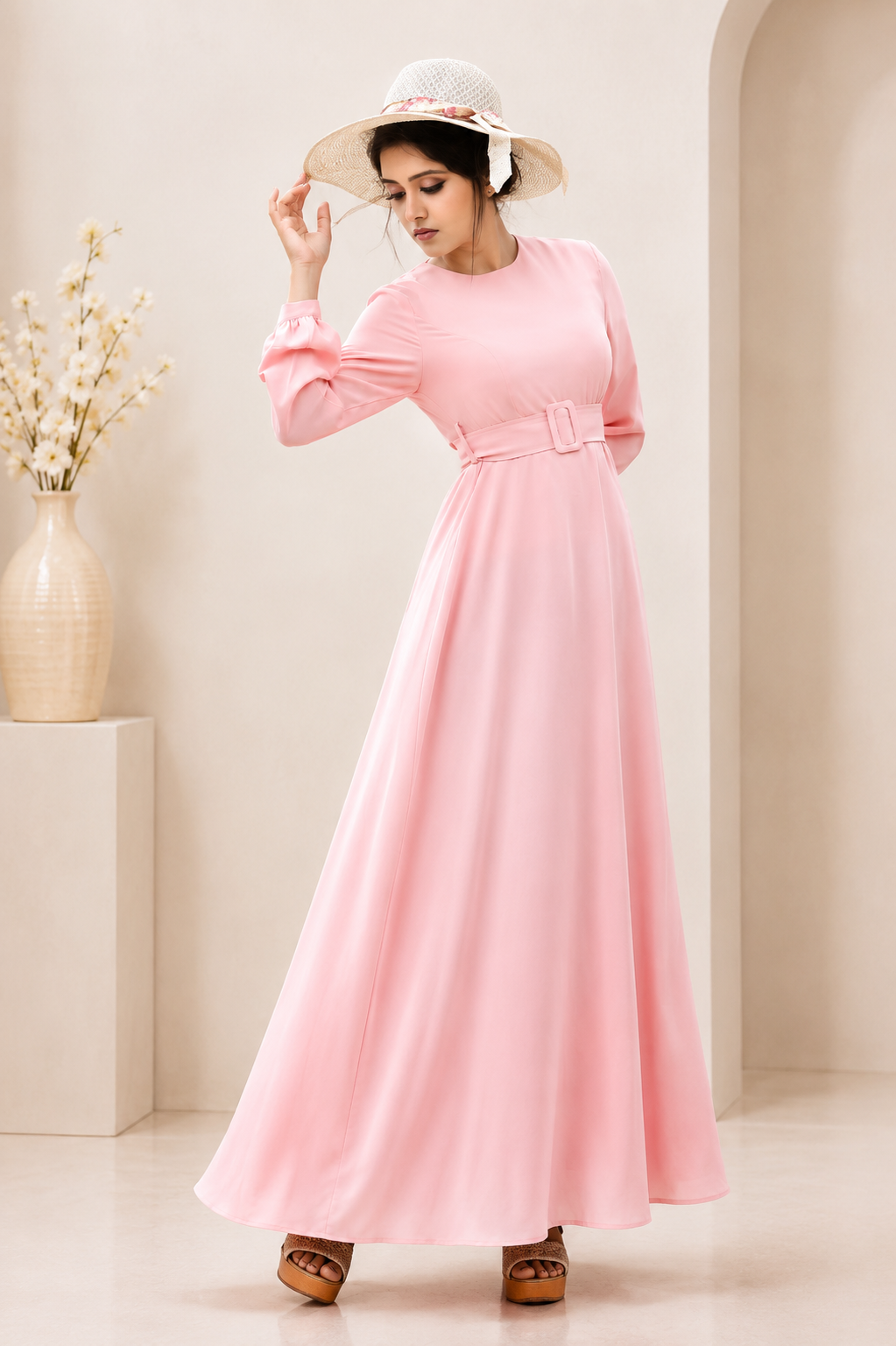 Blush pastel pink belted flare dress for women