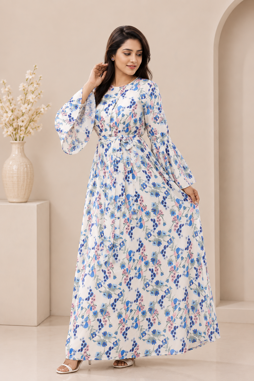 White maxi dress for women with blue and pink floral print and bell sleeves