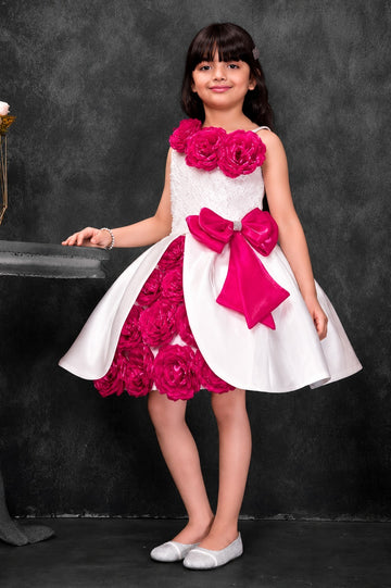 Girls White & Fuchsia Floral Party Dress with Statement Bow-elegant Bithday dress for kids