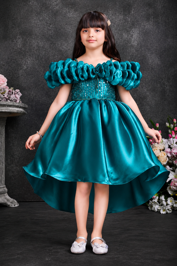 Girls Teal Blue High-Low Satin Party Dress with Ruffle Sleeves-Premium partwear for kids