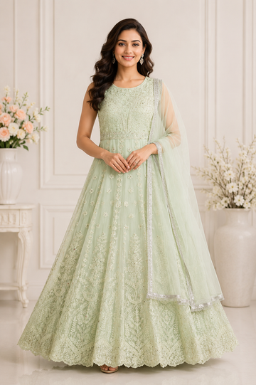 Women’s Mint Green Embroidered Anarkali Gown with Dupatta