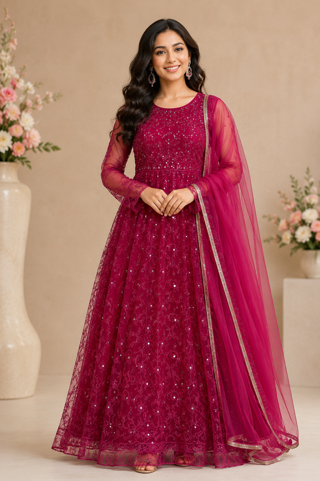 Rani pink sequinned Anarkali gown with embroidered bodice, sheer sleeves and matching net dupatta