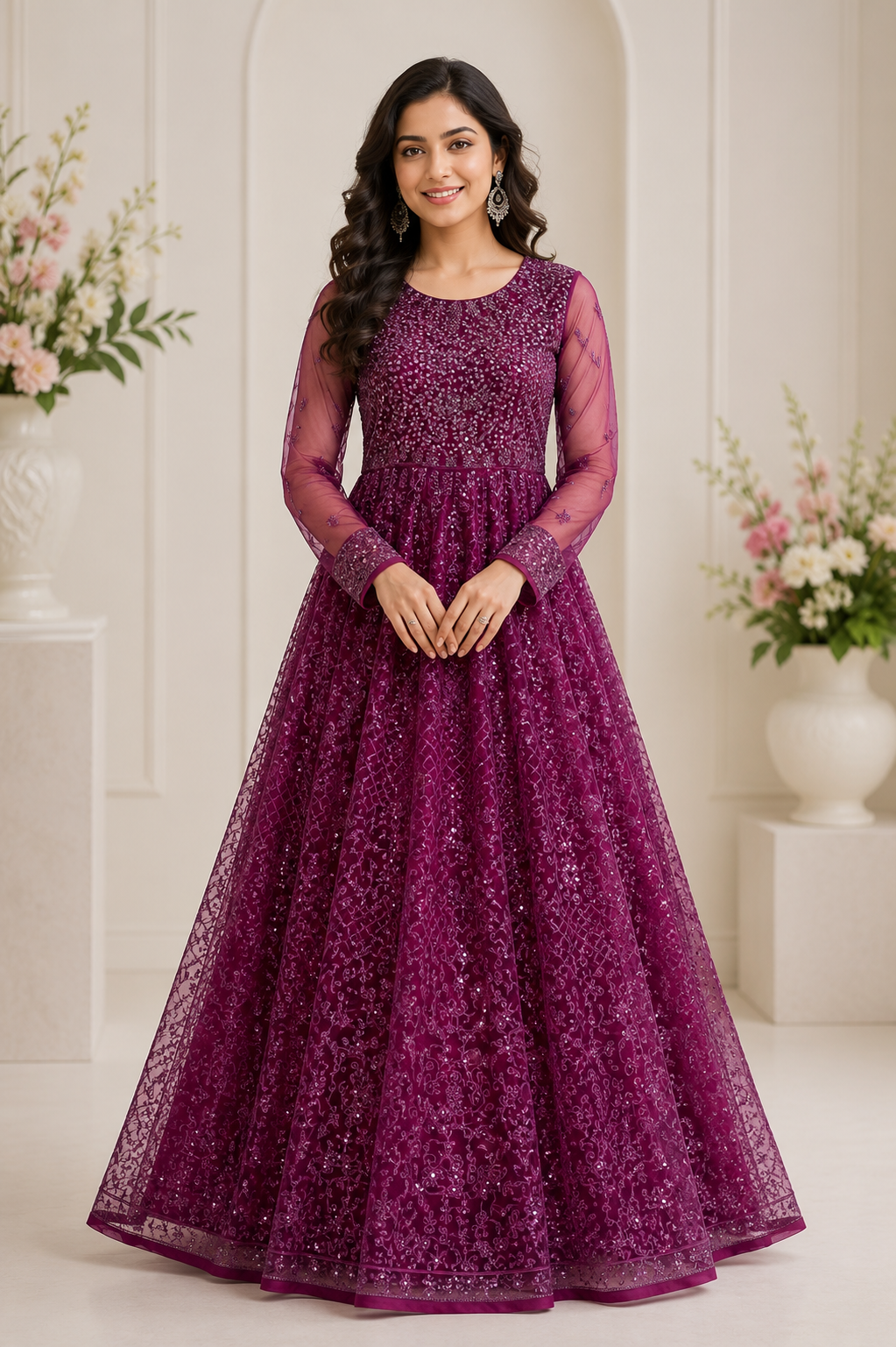 Deep wine sequinned embroidered Anarkali gown with sheer full sleeves and voluminous floor-length flare