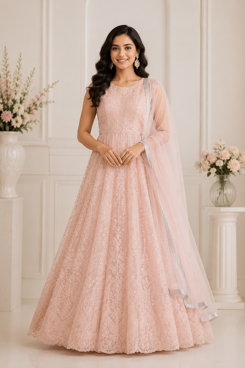 Blush peach embroidered Anarkali gown with sleeveless round neck, scalloped hem and matching silver-border dupatta