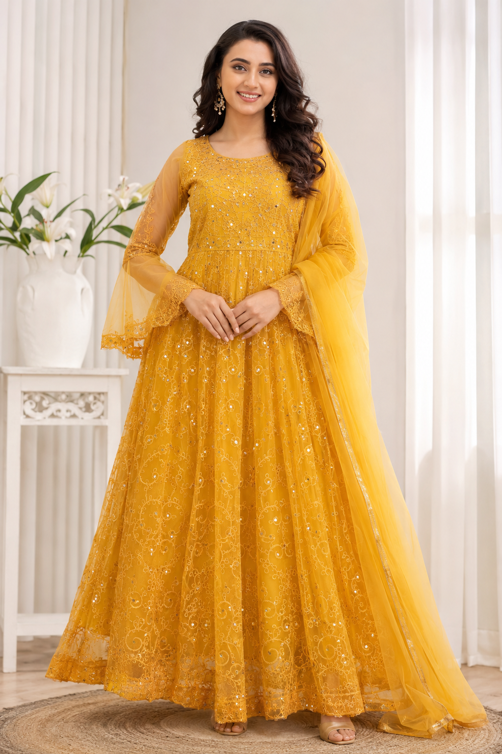 Mustard yellow sequinned embroidered Anarkali gown with sheer sleeves and matching net dupatta
