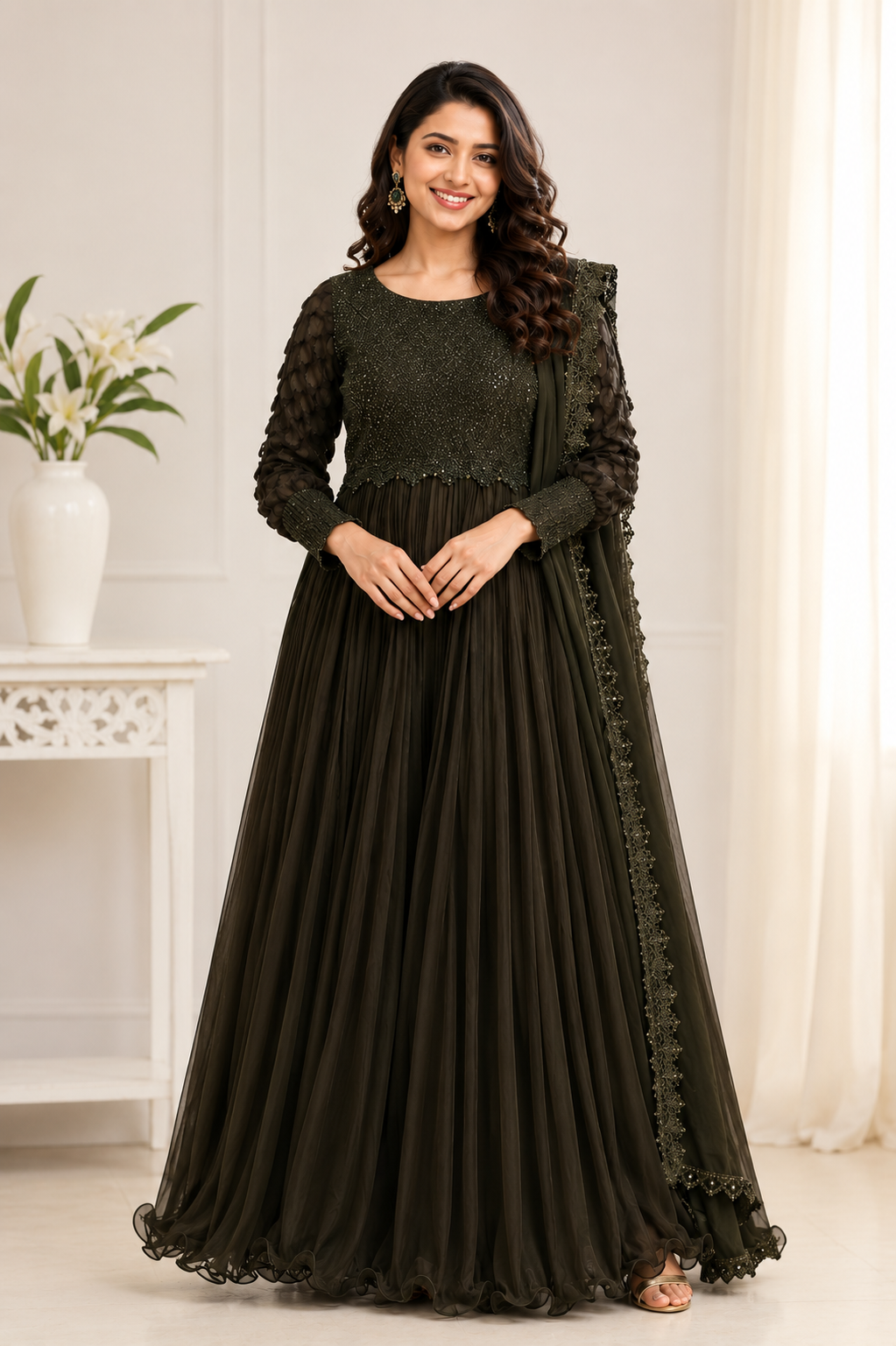 Black embellished georgette Anarkali gown with sequin beadwork bodice, sheer sleeves and matching dupatta