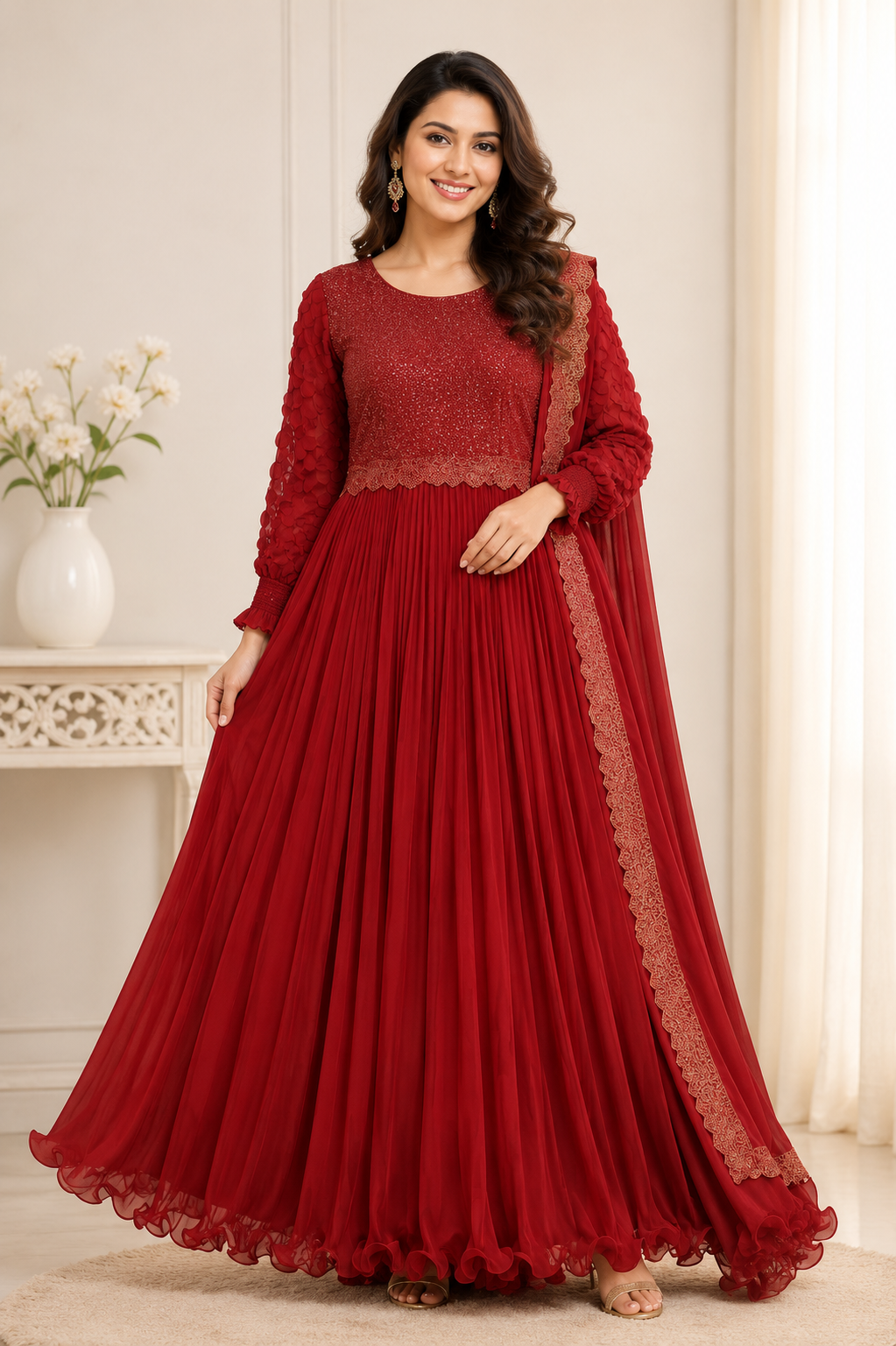 Maroon embellished pleated georgette Anarkali gown with sequinned bodice and matching lace-border dupatta