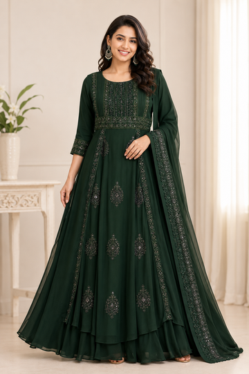 Bottle green embroidered layered Anarkali gown with three-quarter sleeves and matching embroidered dupatta