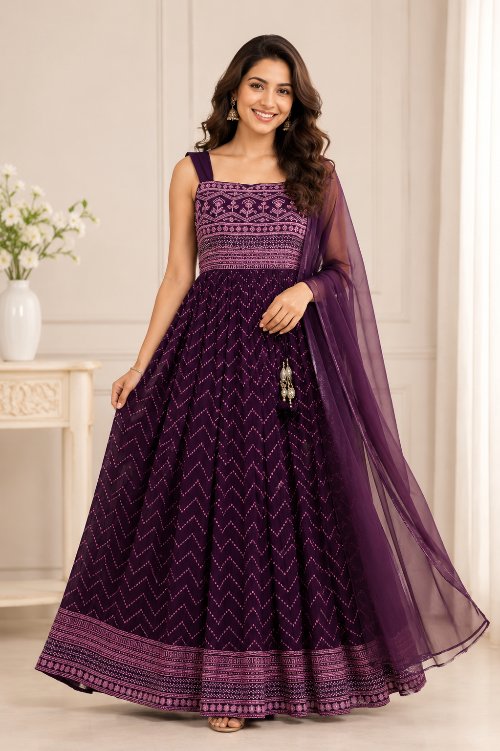 Deep purple printed Anarkali gown with pink ethnic motifs, square neckline, flared floor-length skirt and matching dupatta