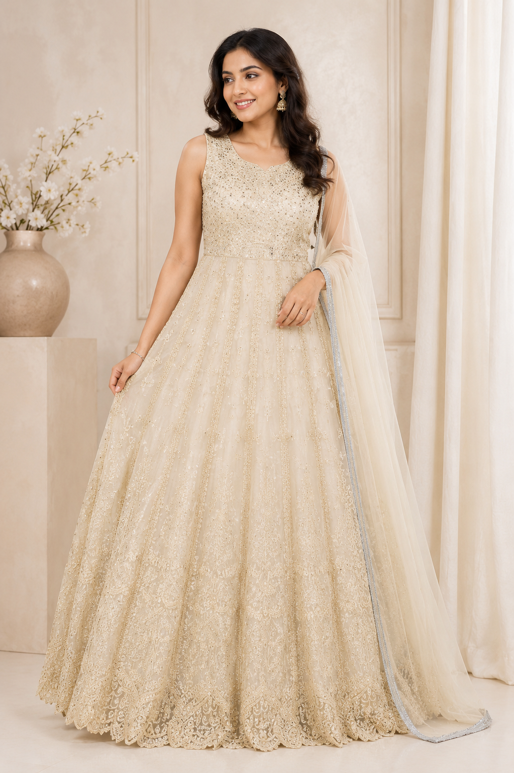 Champagne gold embroidered Anarkali gown with matching dupatta, sleeveless V-neck and floor-length flared skirt