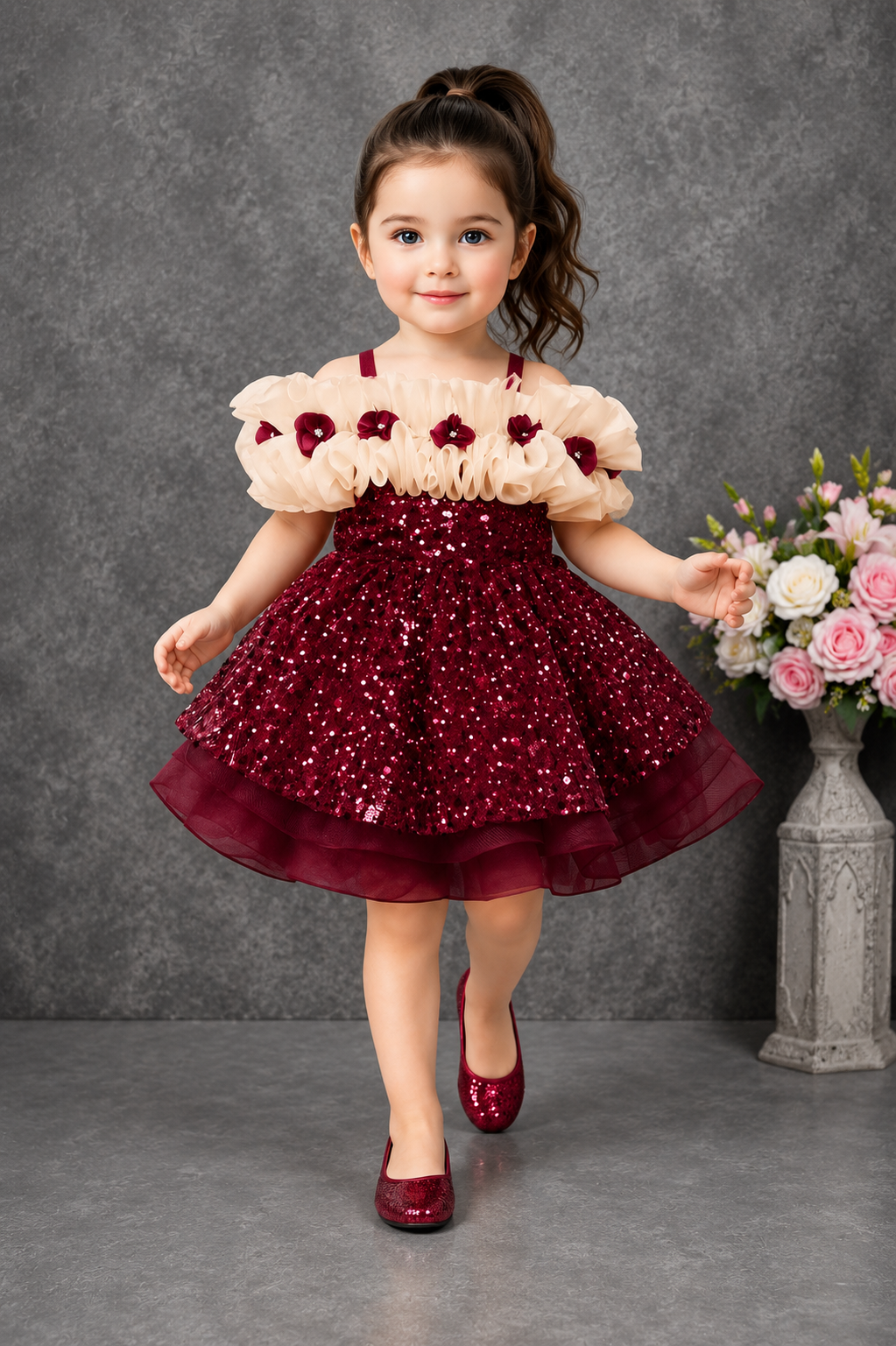 Girls Burgundy Floral Tulle Party Dress 3-Piece Combo Set – Dress, Hat & Shoes