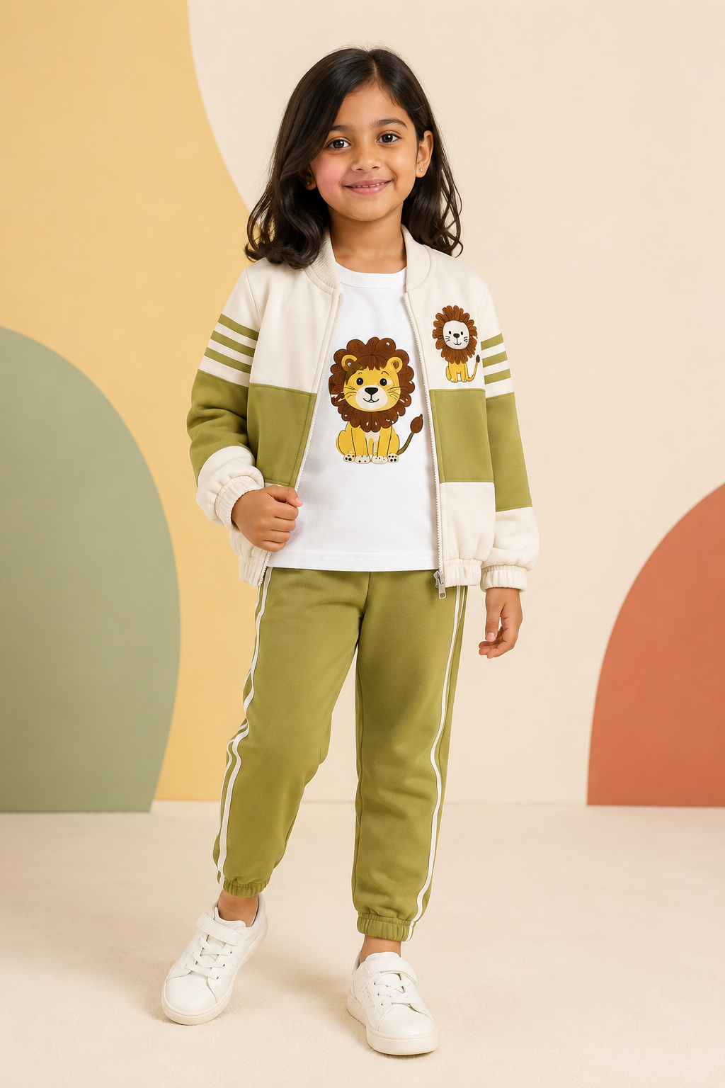 Girls olive green and white lion print three-piece casual outfit set