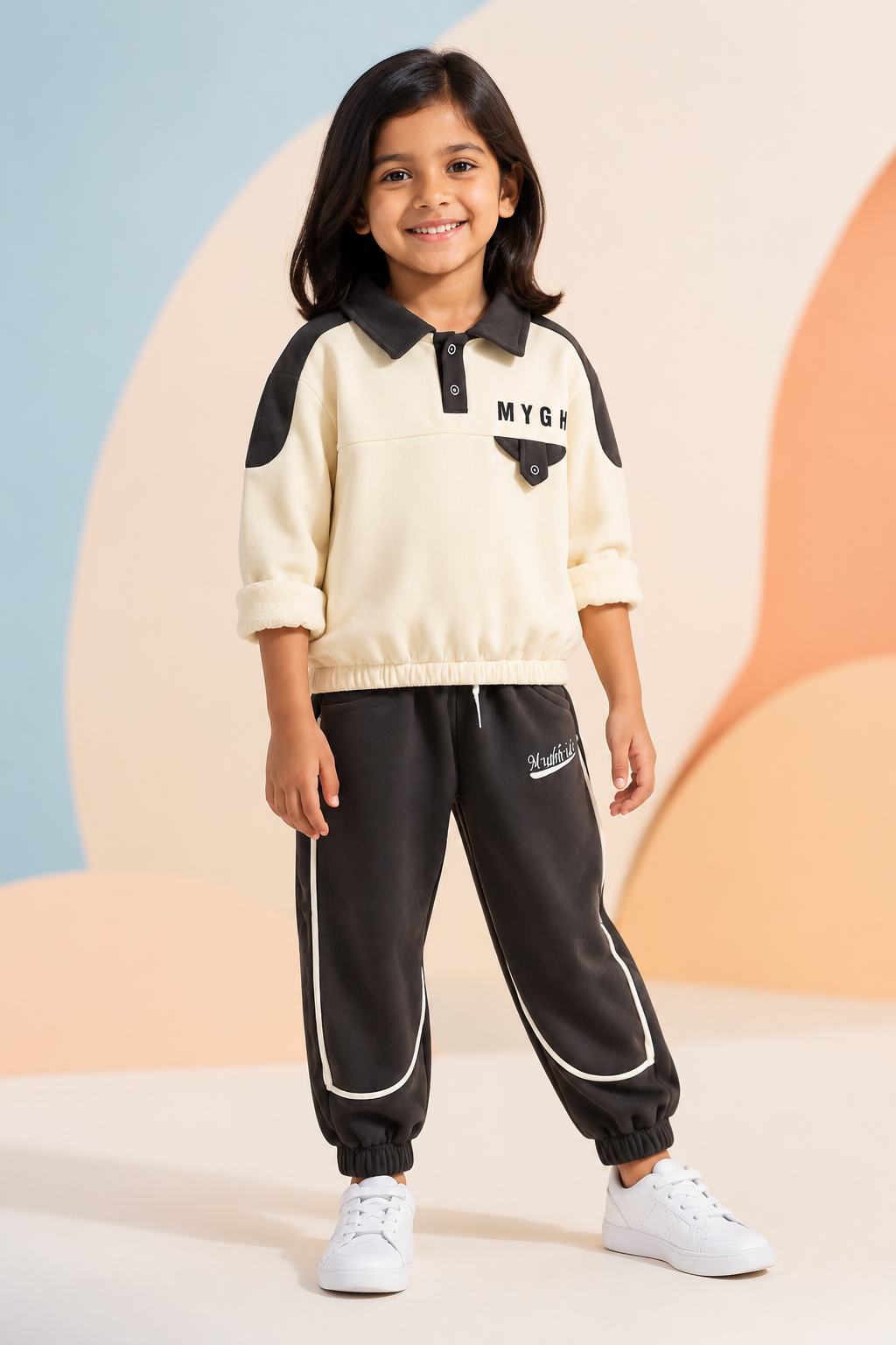 Girls cream and charcoal colour-block sweatshirt and jogger set