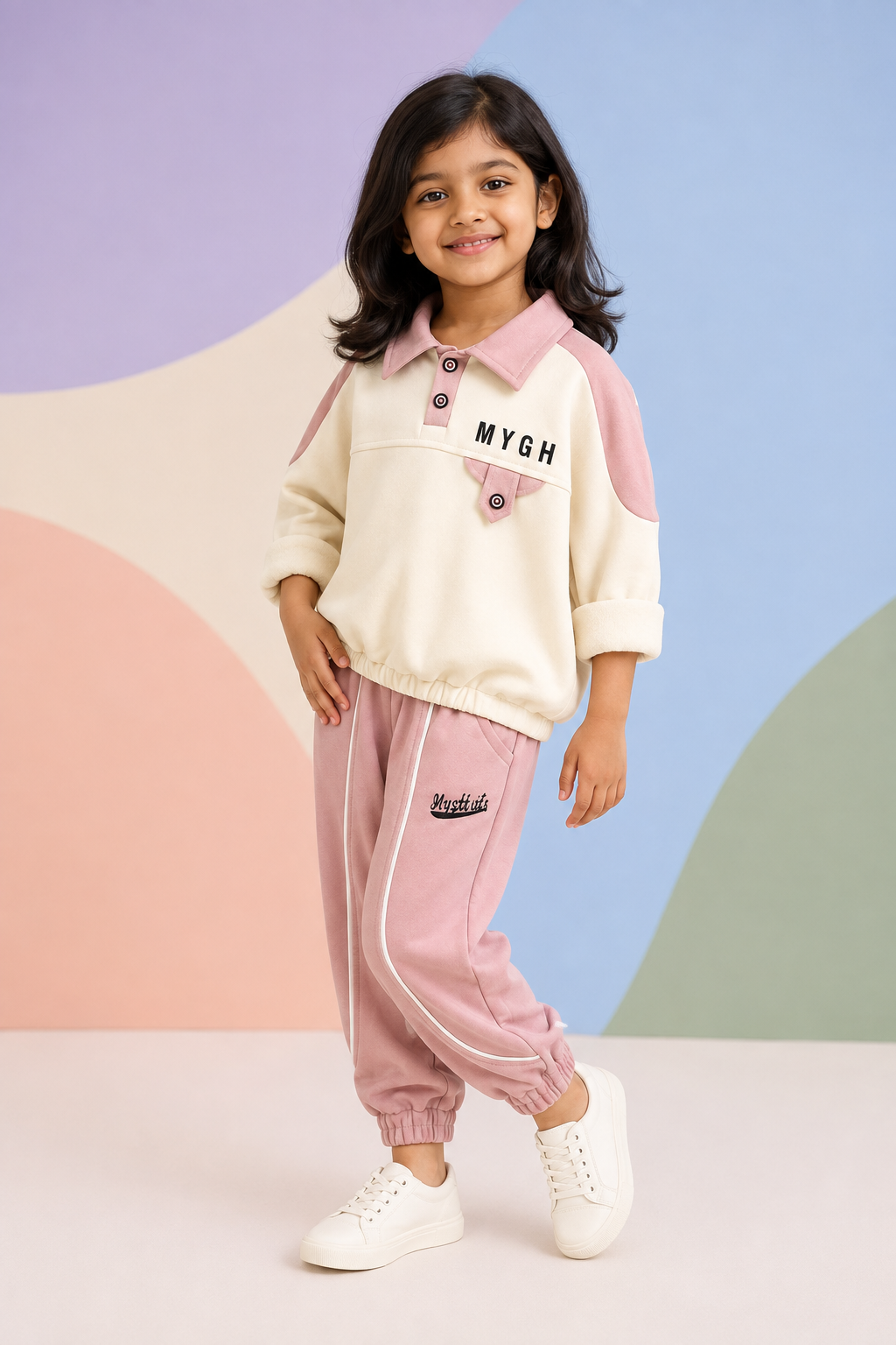 Girls cream and blush pink colour-block sweatshirt and jogger set