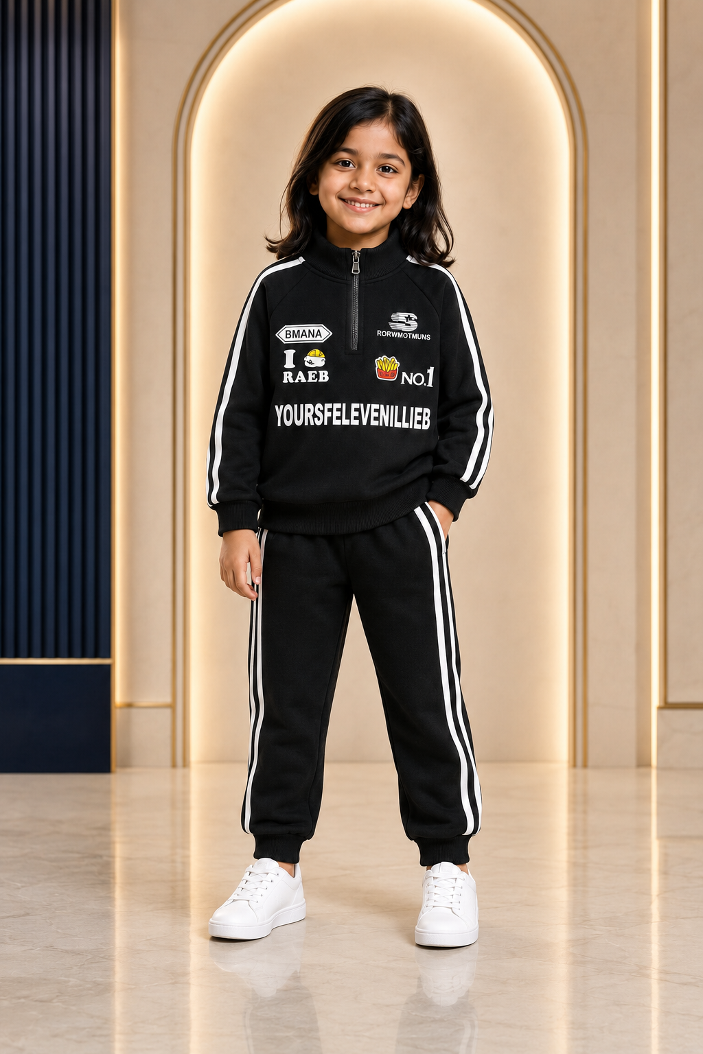 Girls black graphic sweatshirt and matching jogger tracksuit set