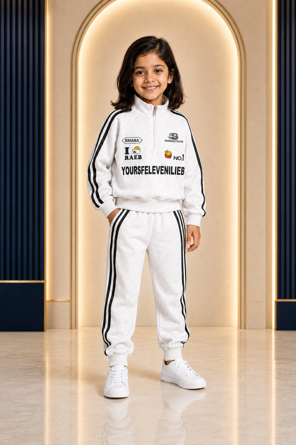 Girls white graphic sweatshirt and matching jogger tracksuit set