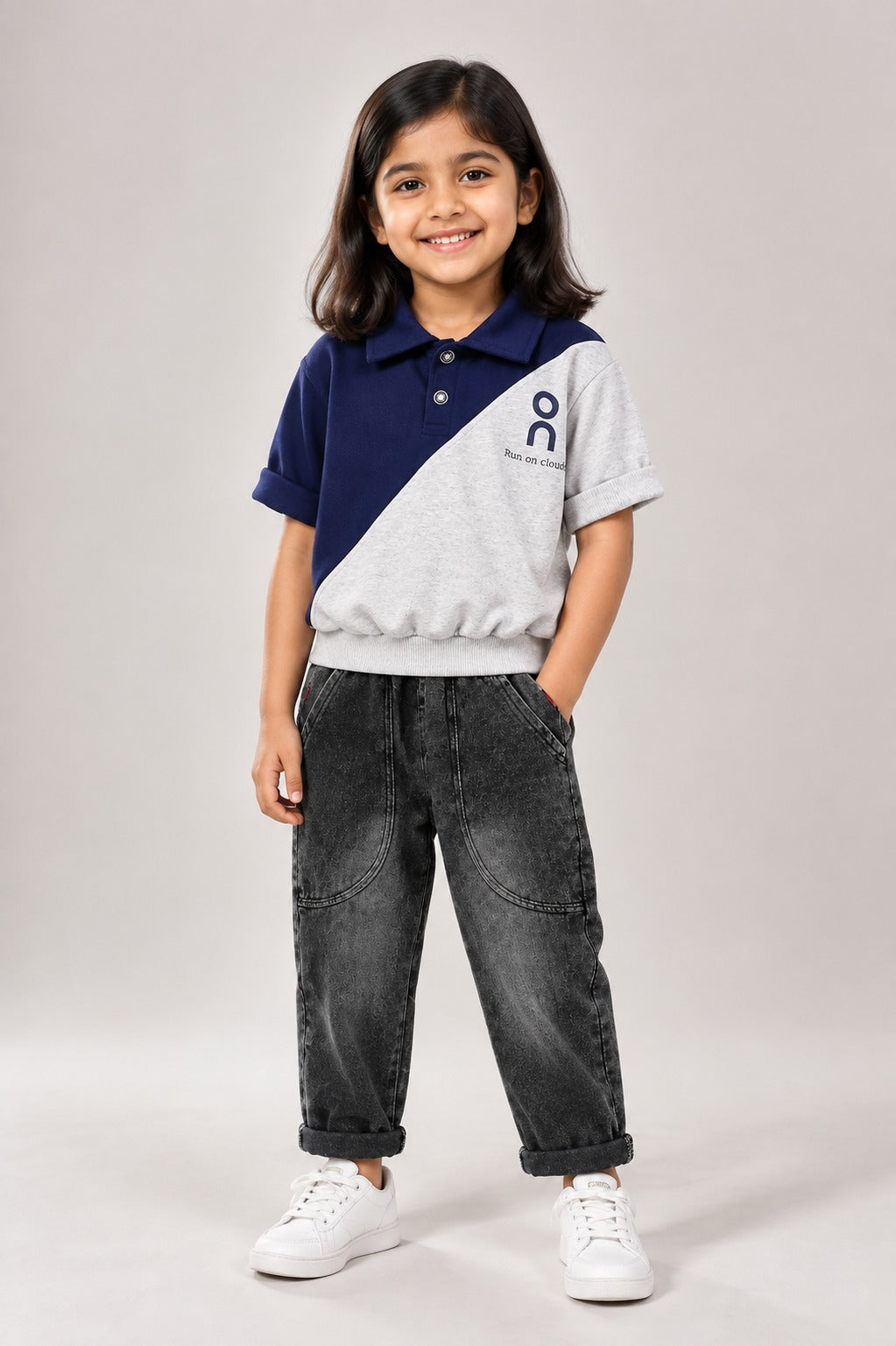 Kids navy and grey color-block polo shirt with washed denim jogger set