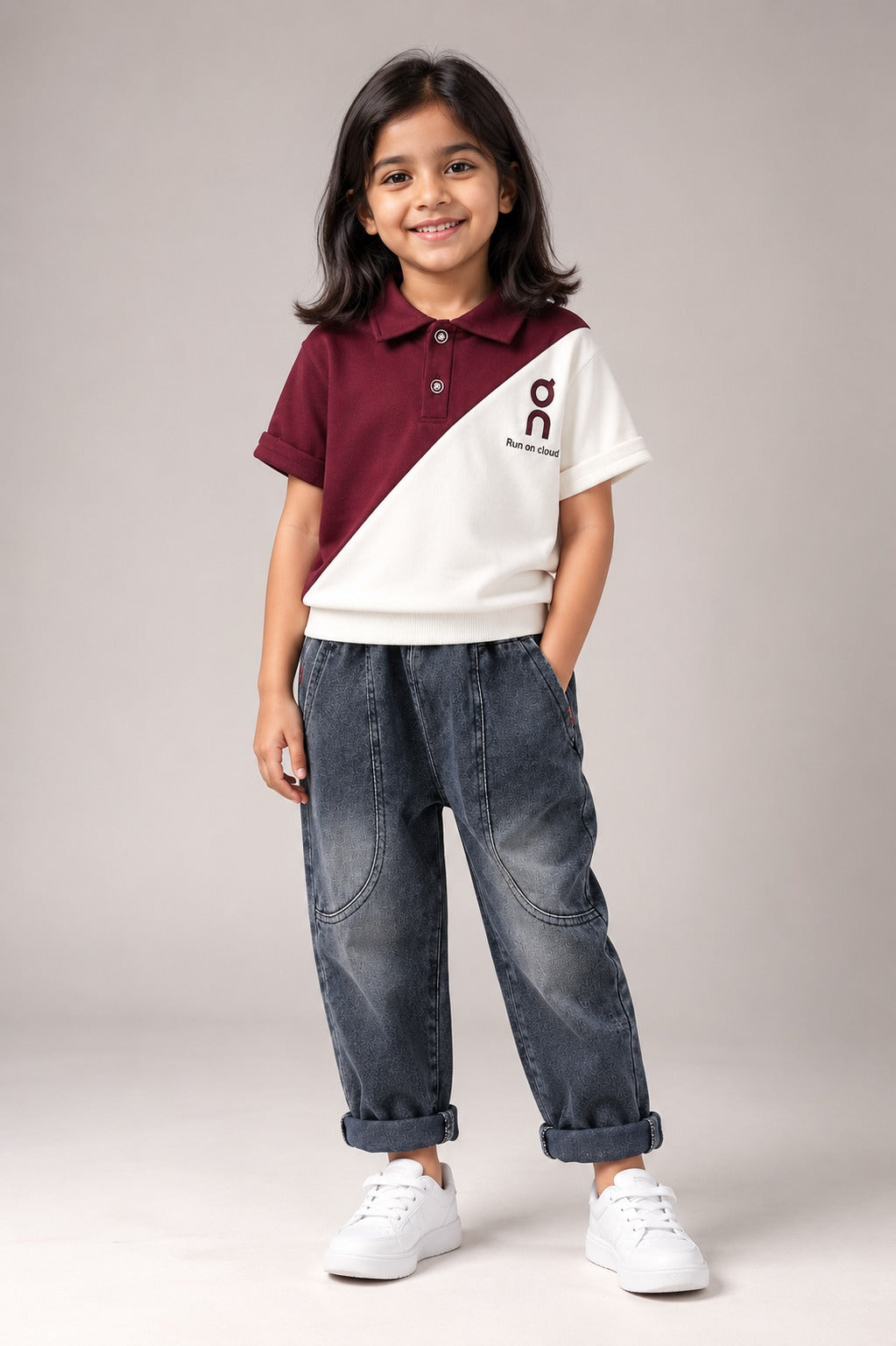 Kids maroon and white color-block polo shirt with dark denim jogger jeans