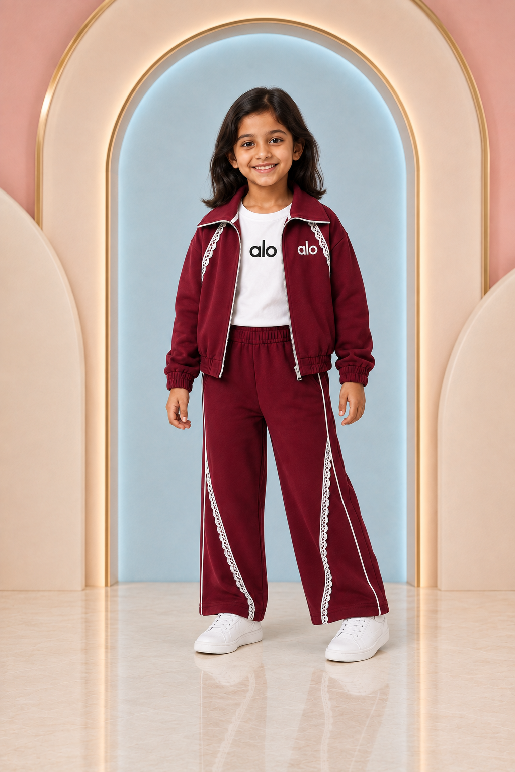 Girls burgundy three-piece zip jacket top and wide-leg pants set