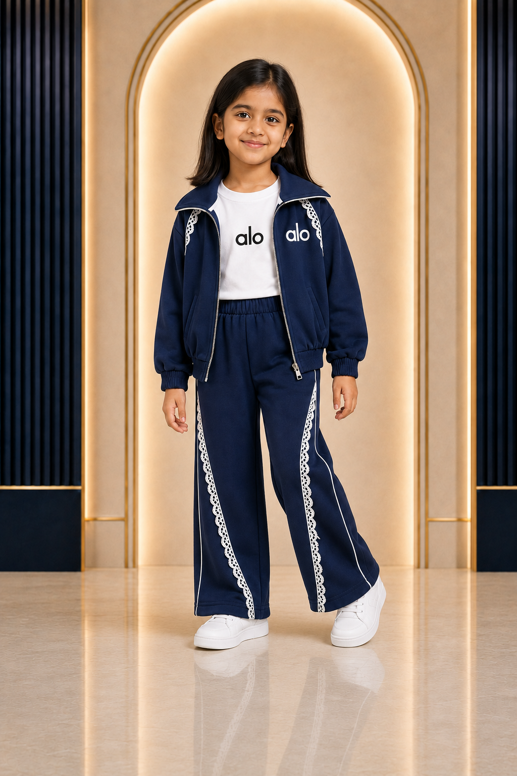 Girls navy three-piece zip jacket top and wide-leg pants set