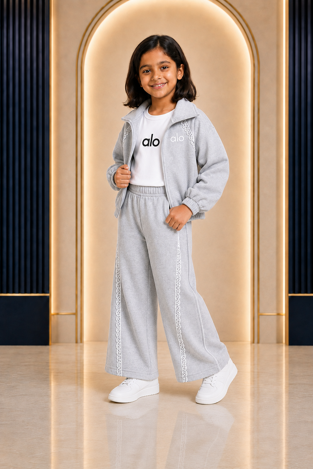 Girls light grey three-piece zip jacket top and wide-leg pants set