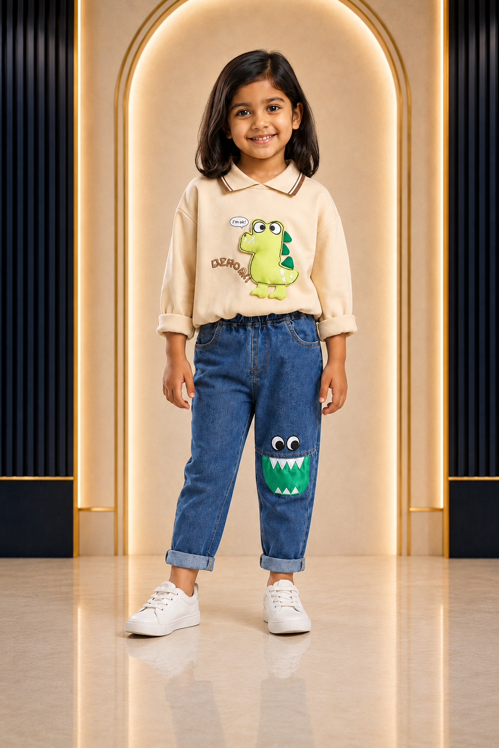 Girls beige dinosaur sweatshirt and blue jeans casual set