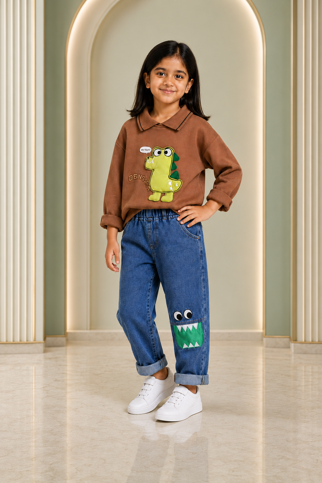 Girls brown dinosaur sweatshirt and blue jeans casual set