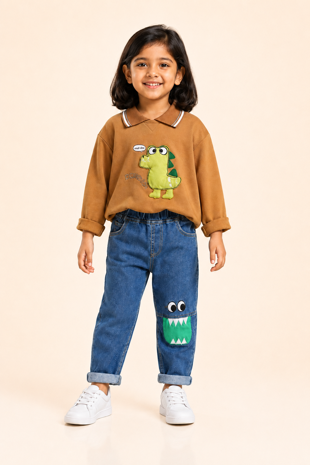 Girls mustard dinosaur sweatshirt and blue jeans casual set