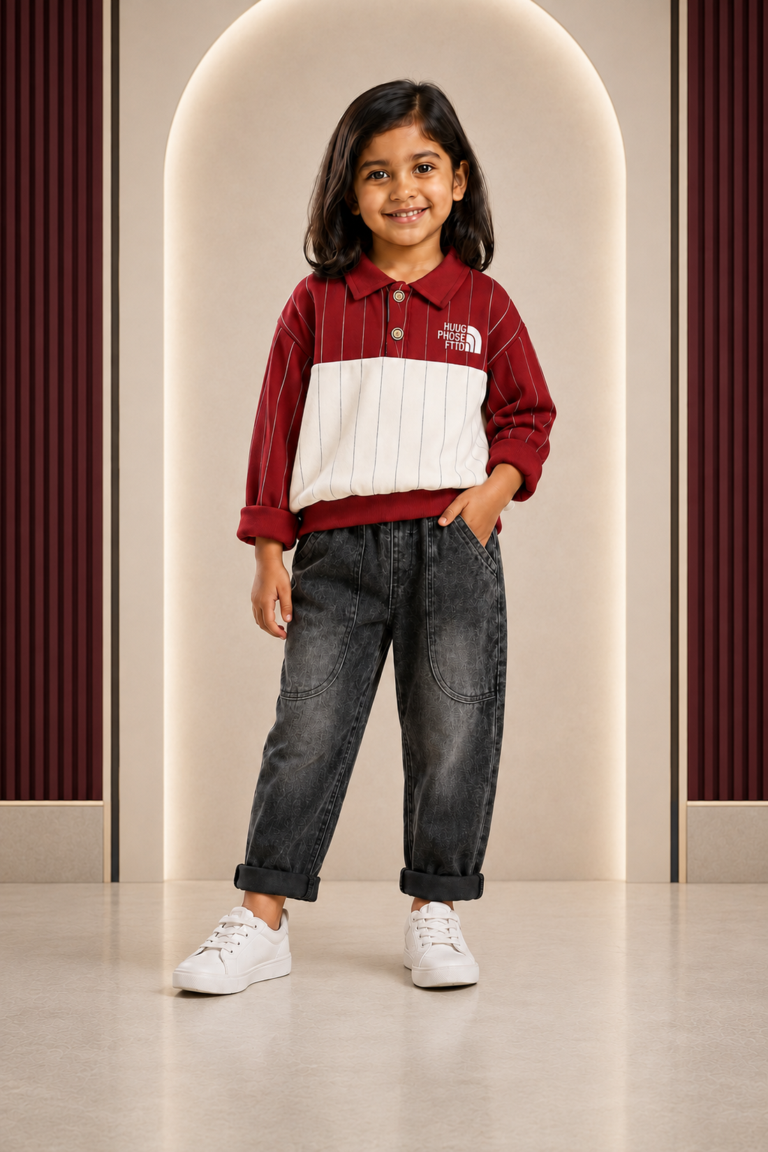 Girls burgundy and white collared sweatshirt with grey jeans set