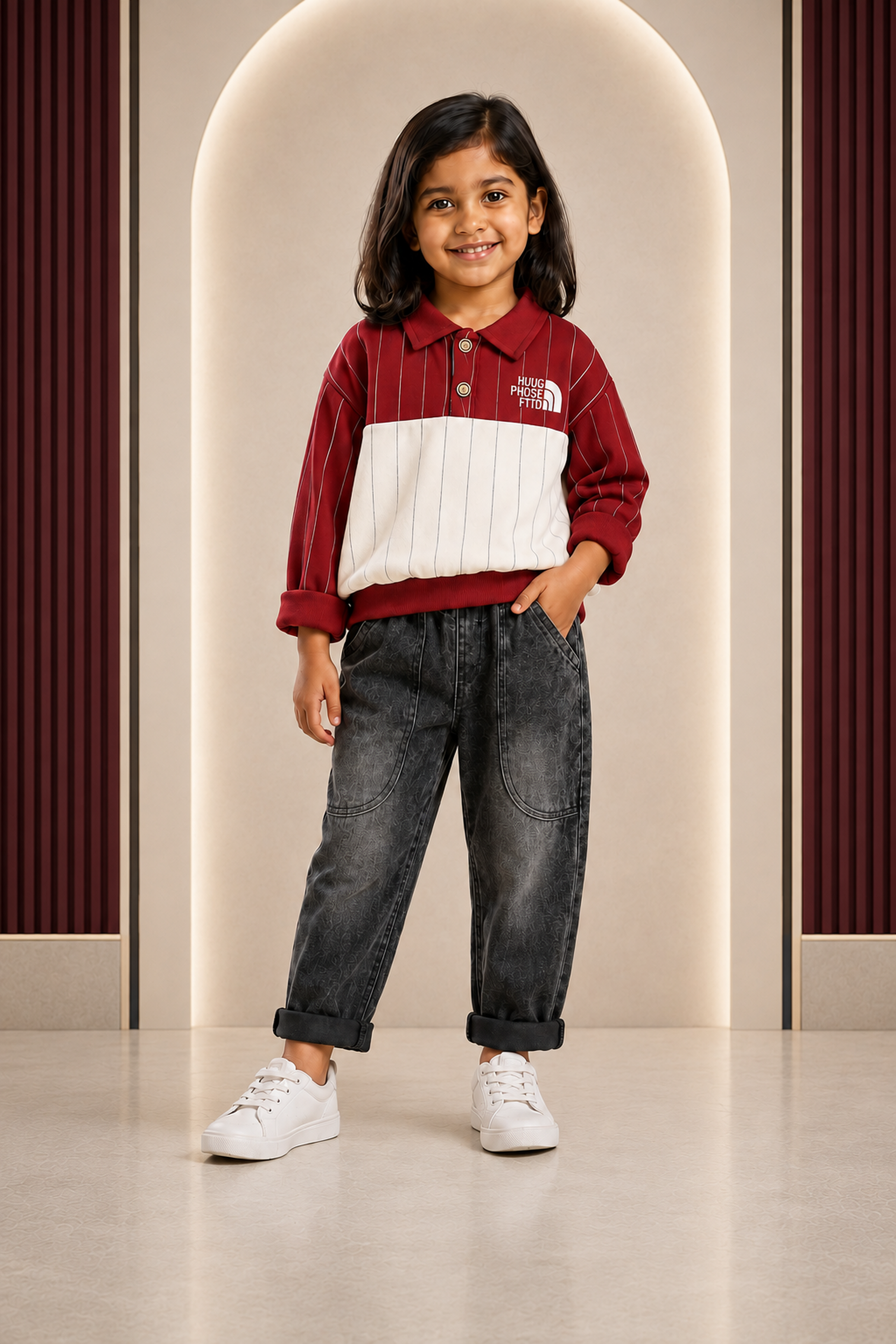 Girls burgundy and white collared sweatshirt with grey jeans set