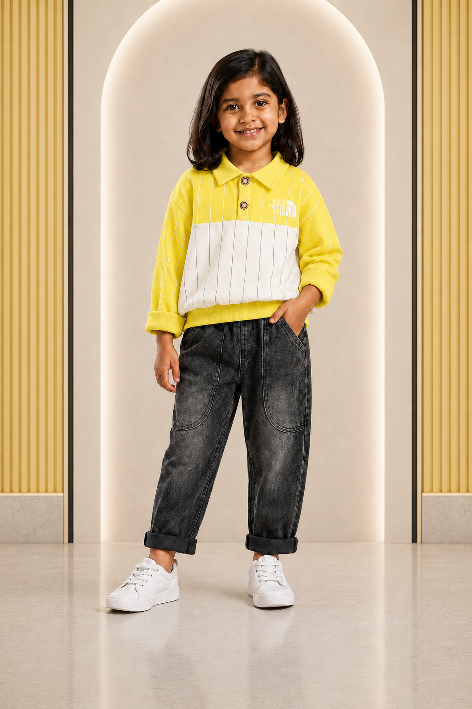 Girls yellow and white collared sweatshirt with grey jeans set