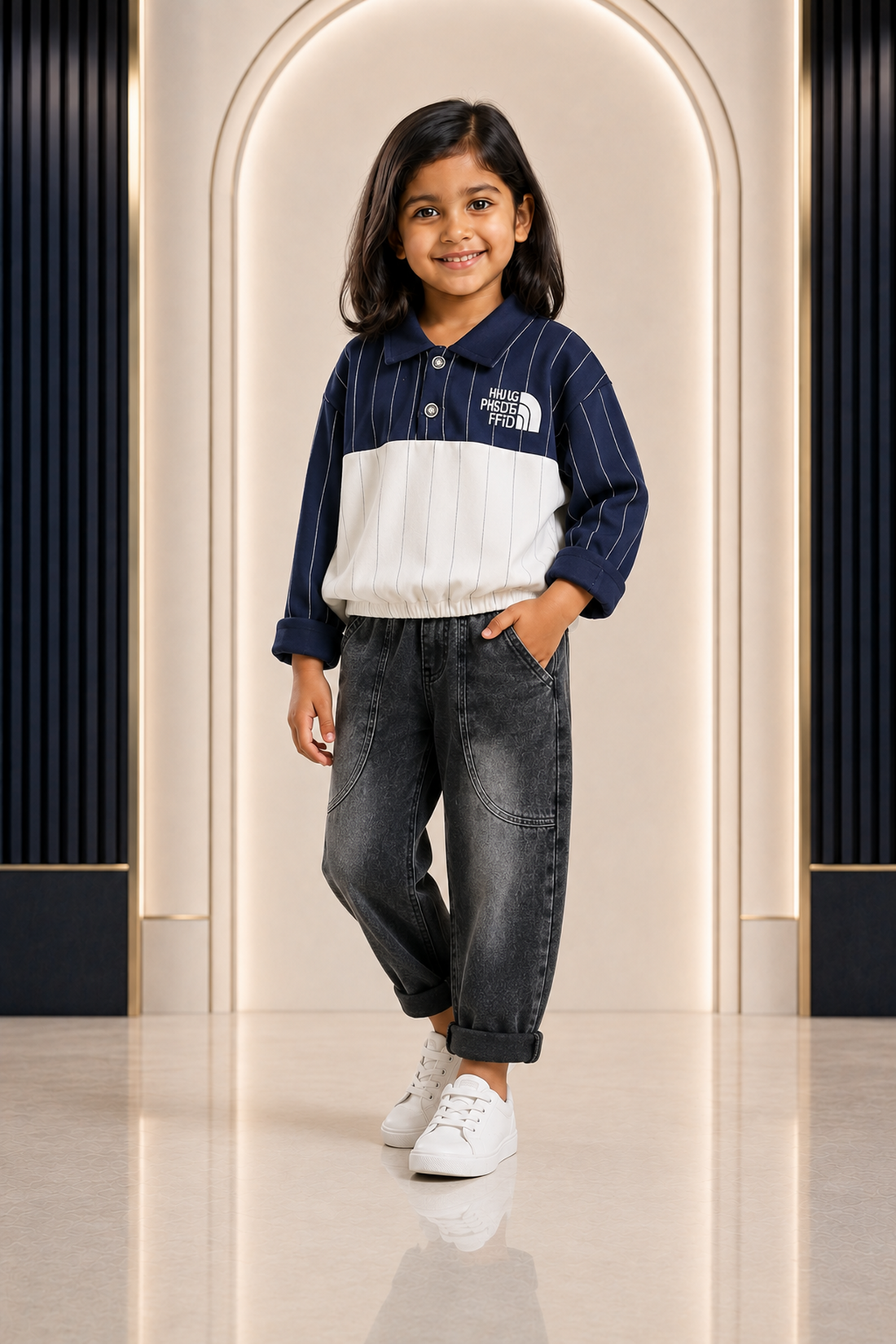 Girls navy and white collared sweatshirt with grey jeans set