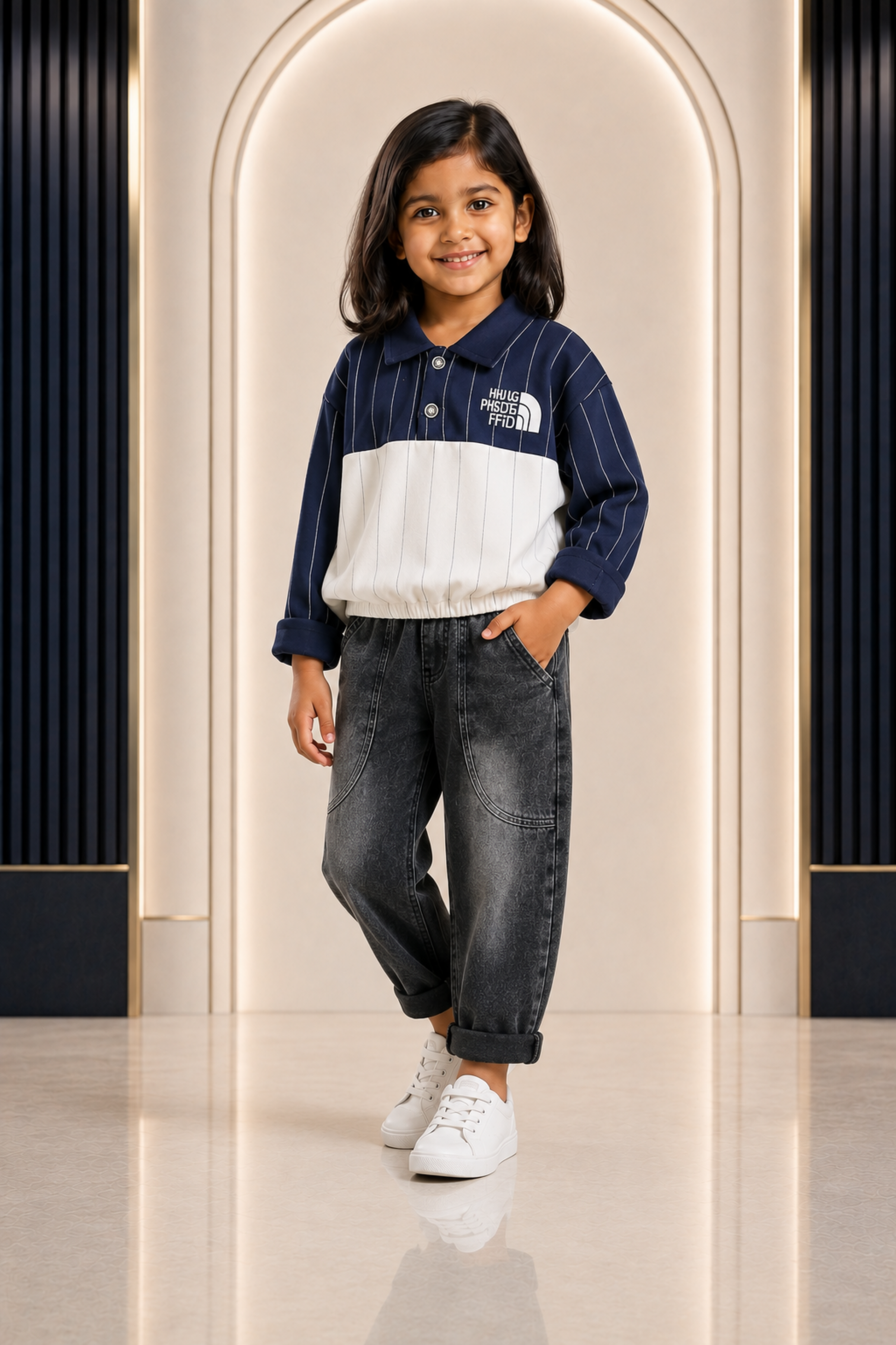 Girls navy and white collared sweatshirt with grey jeans set