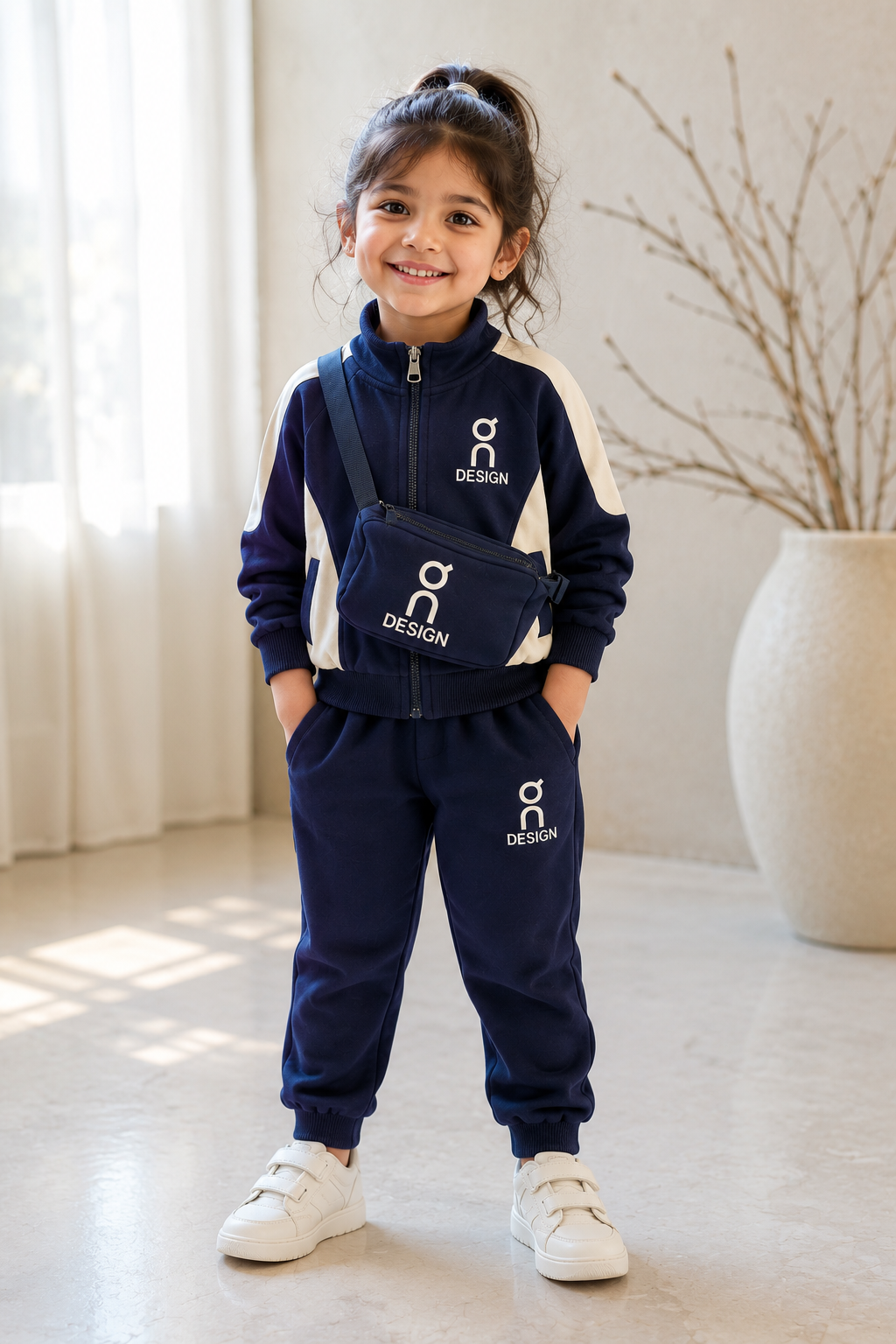 Girls navy and white half-zip sweatshirt and jogger tracksuit set