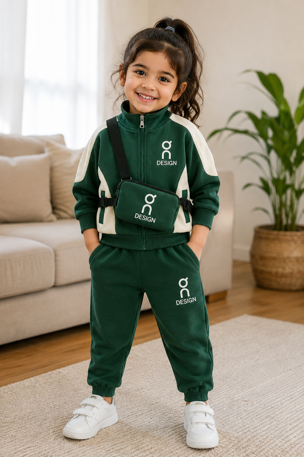 Girls forest green and white half-zip sweatshirt and jogger tracksuit set
