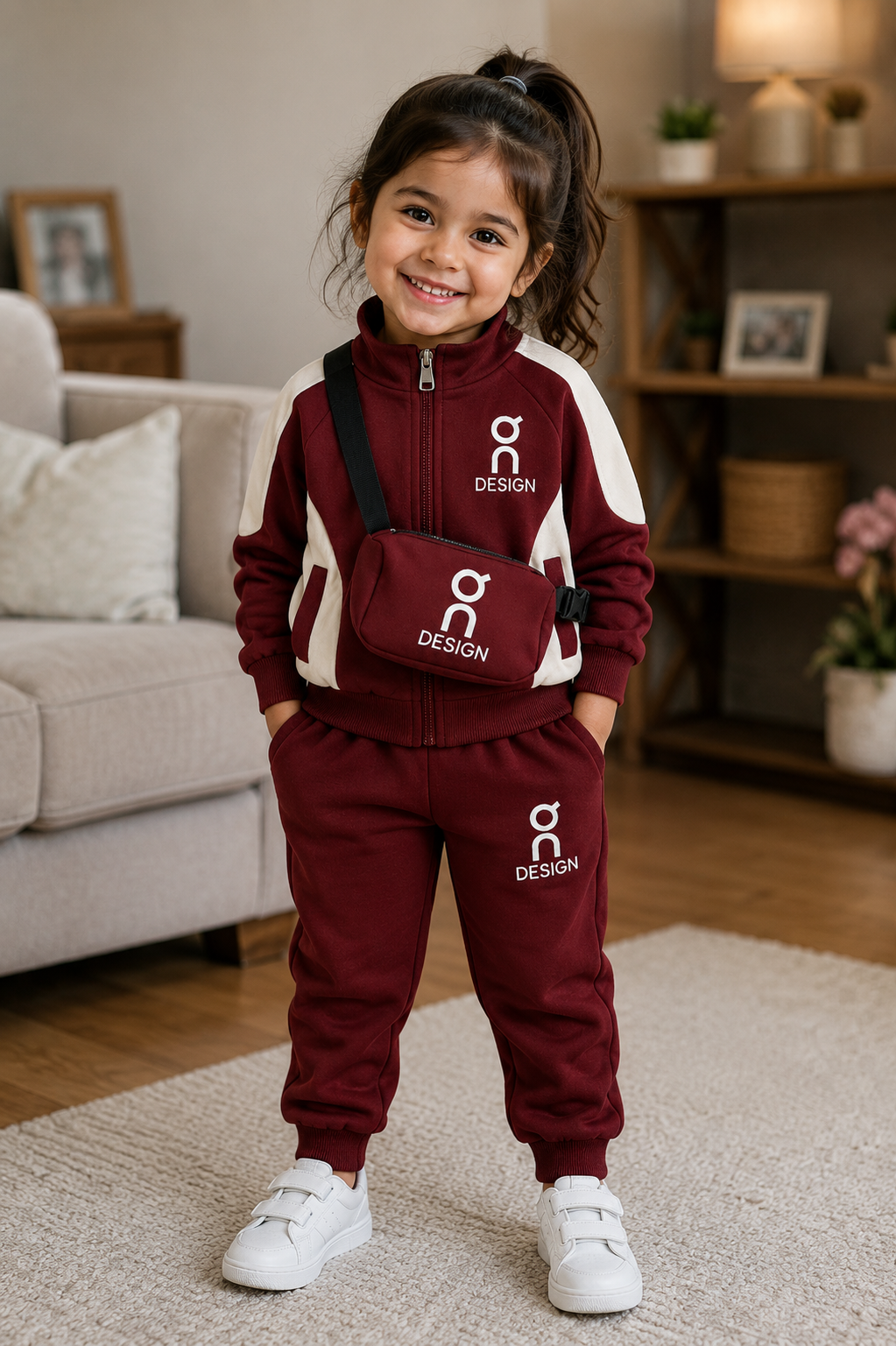 Girls burgundy and white half-zip sweatshirt and jogger tracksuit set