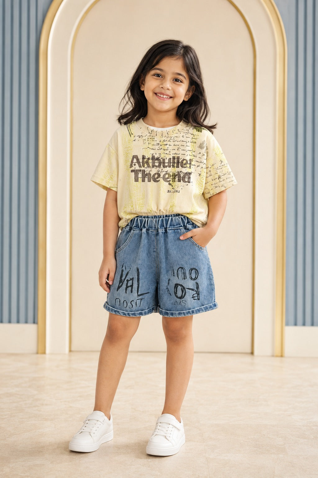 Girls Light Yellow Graphic T-Shirt & Denim Shorts Casual Set